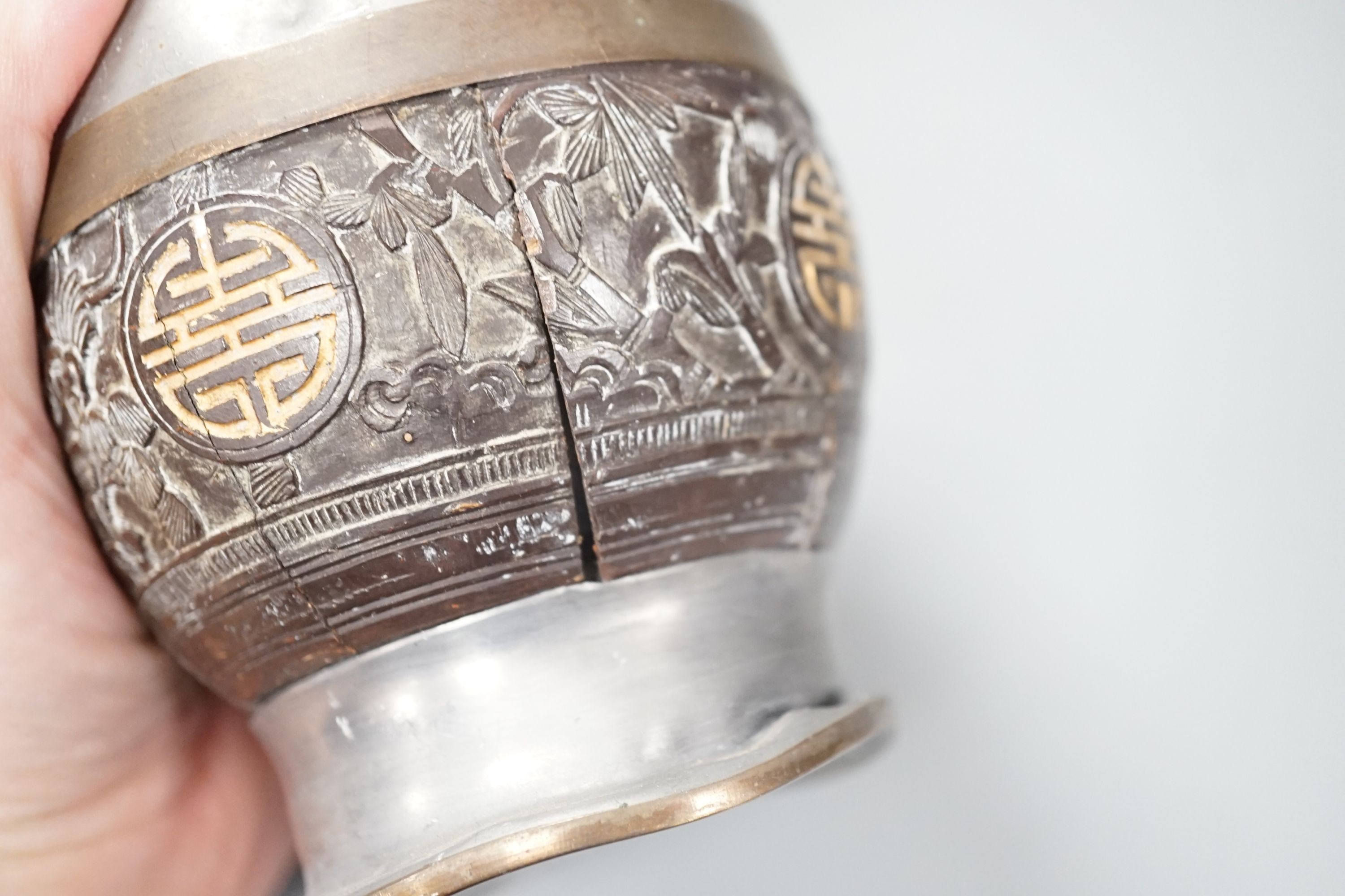 A Chinese bowenite jade censer and cover together with a soapstone tablet and a coconut and pewter tea canister